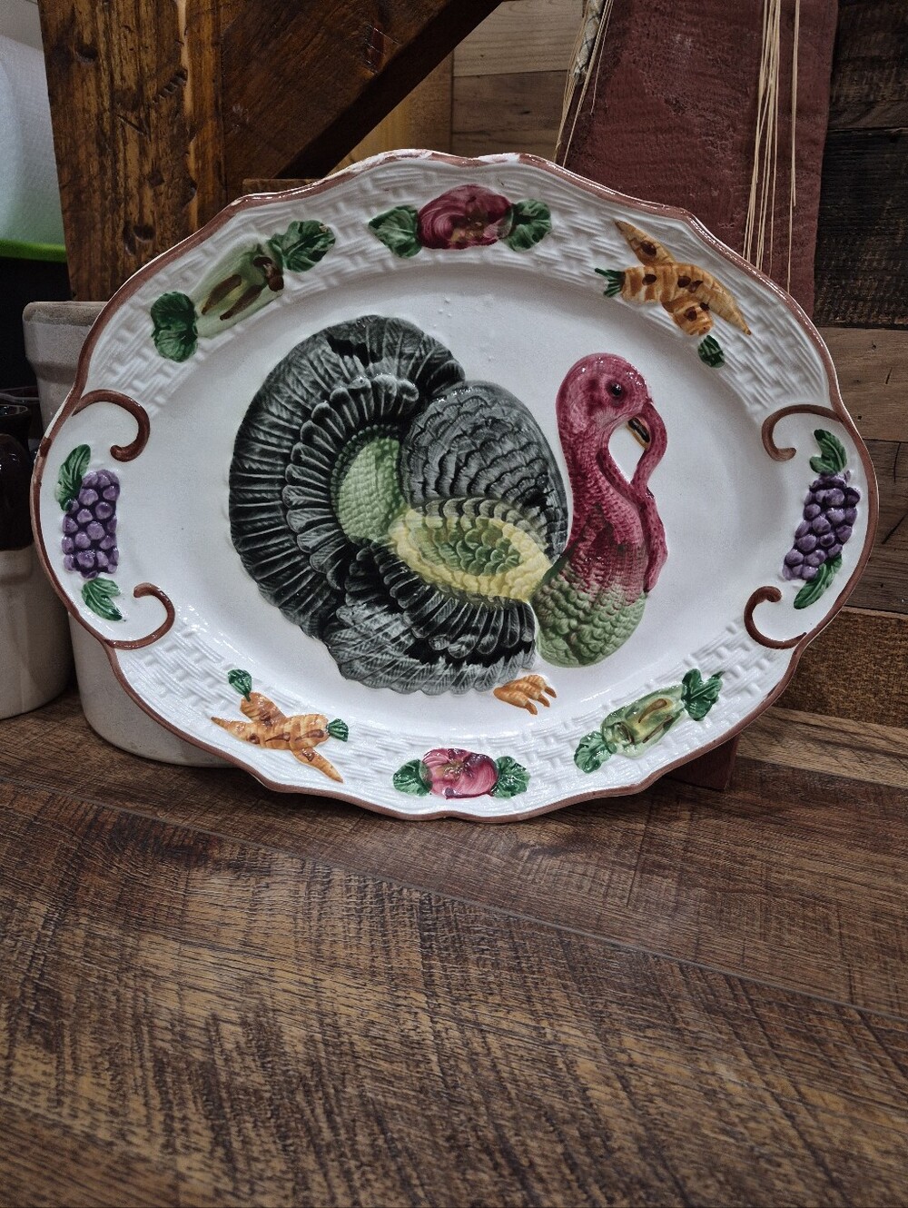 Vintage California Pottery 3D Turkey Hand Painted Big Serving Platter 18 x 14.5